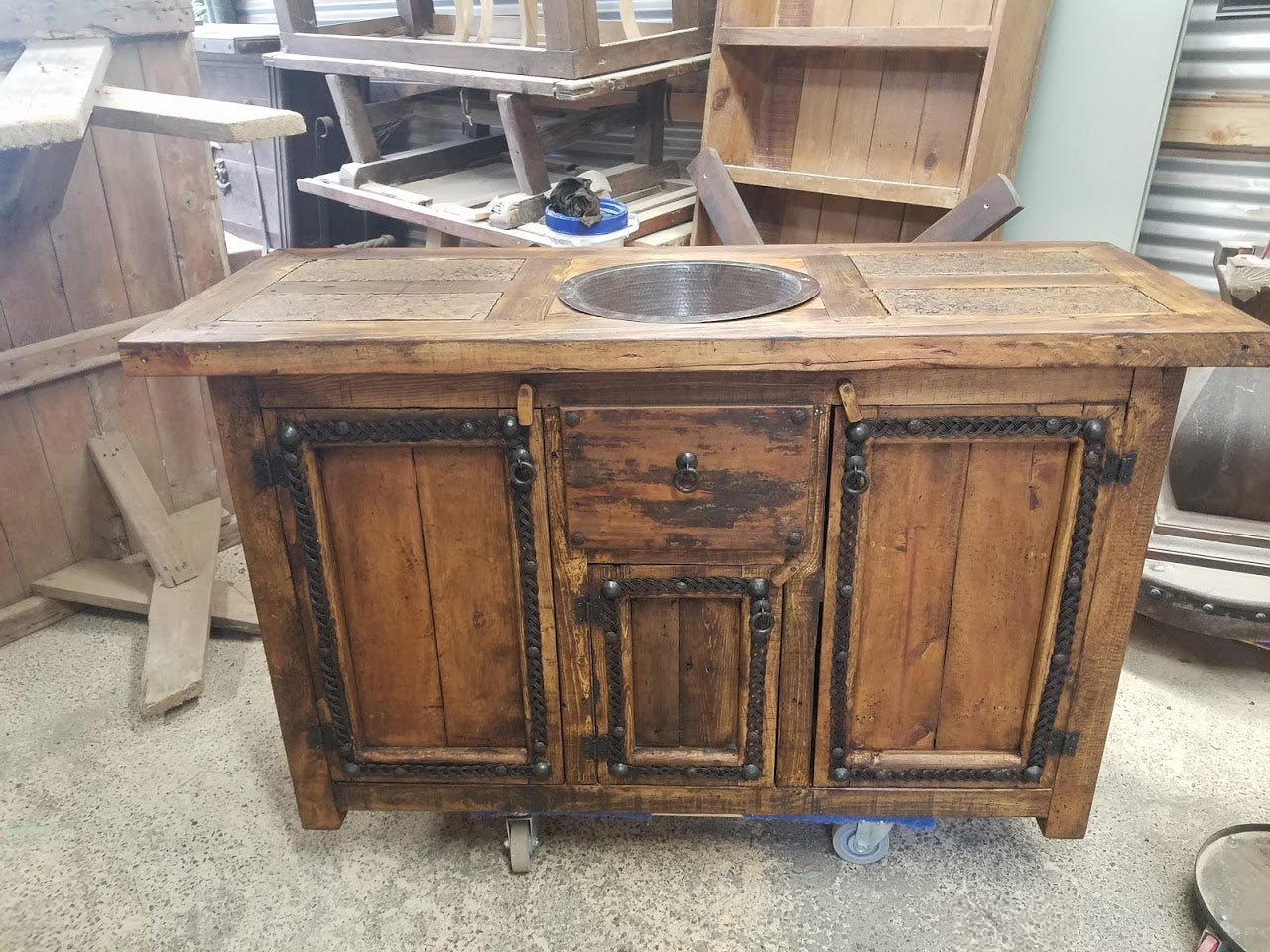 Rustic Pine Wood Vanity with Copper Sink