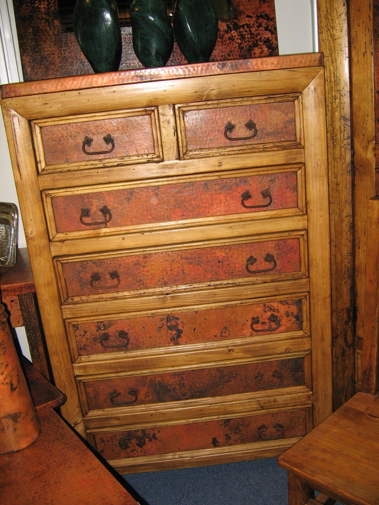 7 Drawer Pine Dresser with Copper Top and Inlay