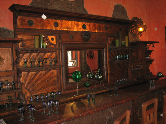 Mesquite Wood Bar with Mirror and Copper Back Splash