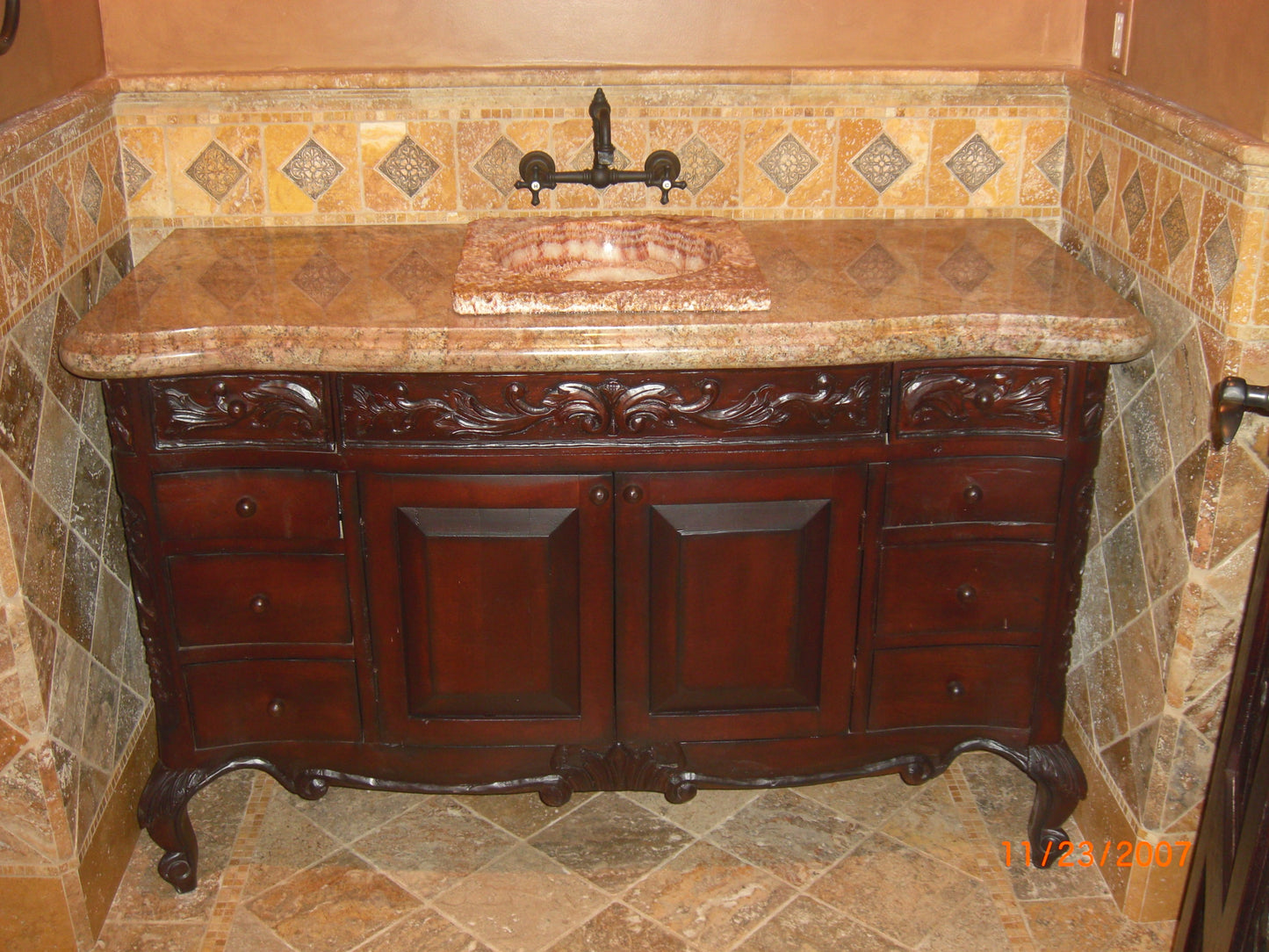 Mesquite Wood Vanity with Granite top and Marble Sink