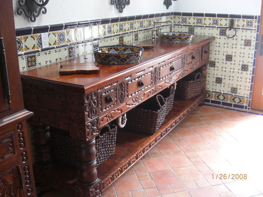 Hand-Carved Mesquite Wood Vanity with Talavera Sinks