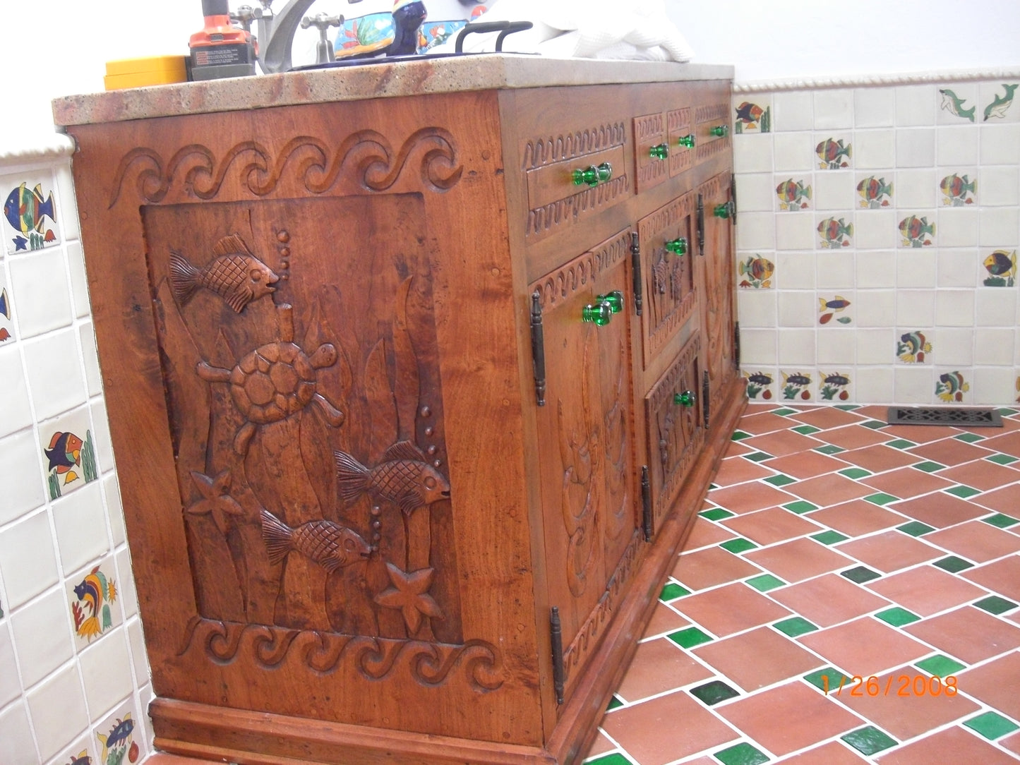 Hand-Carved Mesquite Wood Vanity with Glass knobs