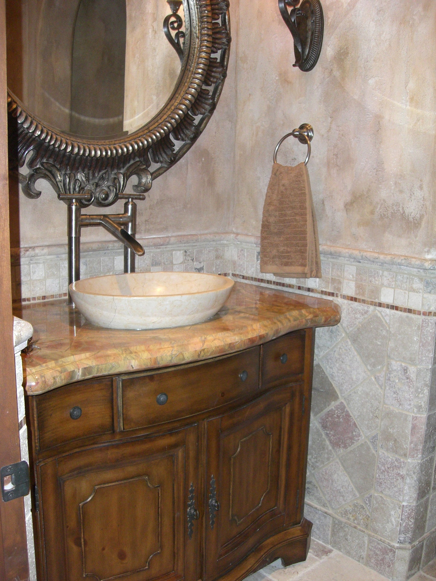 Mesquite Wood Vanity with Granite Top and Travertine Bowl