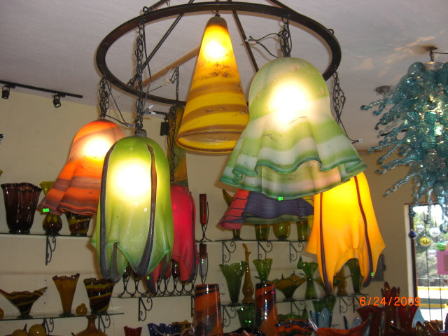 Custom Made Hand Blown Glass Chandelier with Iron Light Ring