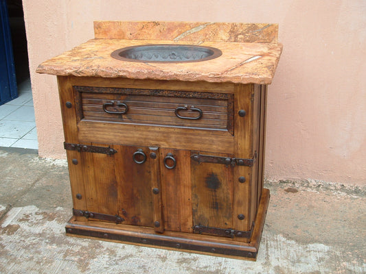 Pine Wood Vanity with Marble Top and Copper Sink