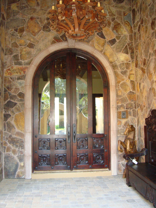 Hand-Carved Mesquite Wood and Glass Arched Front Door