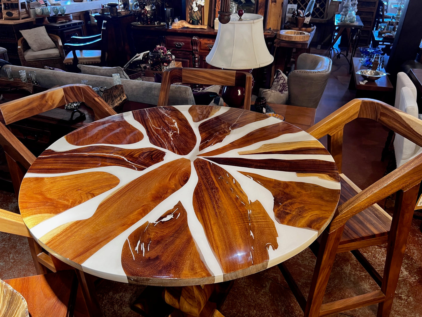 43" Round Parota Wood Table / White Epoxy Inlay
