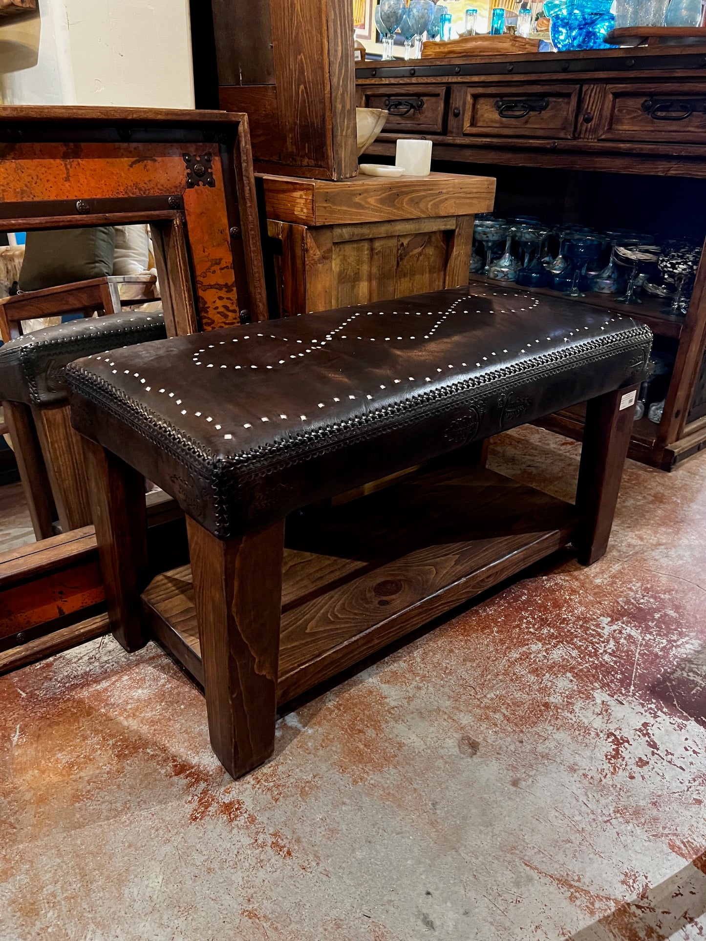 Stained Pine Bench with Decorative Leather Cover