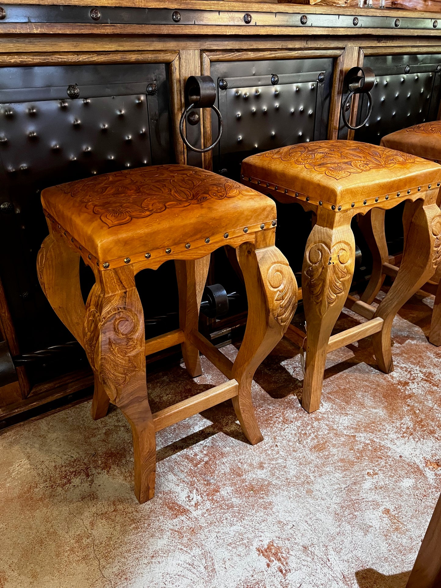 Mesquite Barstool with Tooled Leather Seat