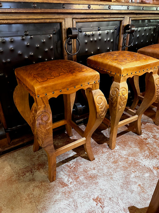 Mesquite Barstool with Leather Tooled Seat