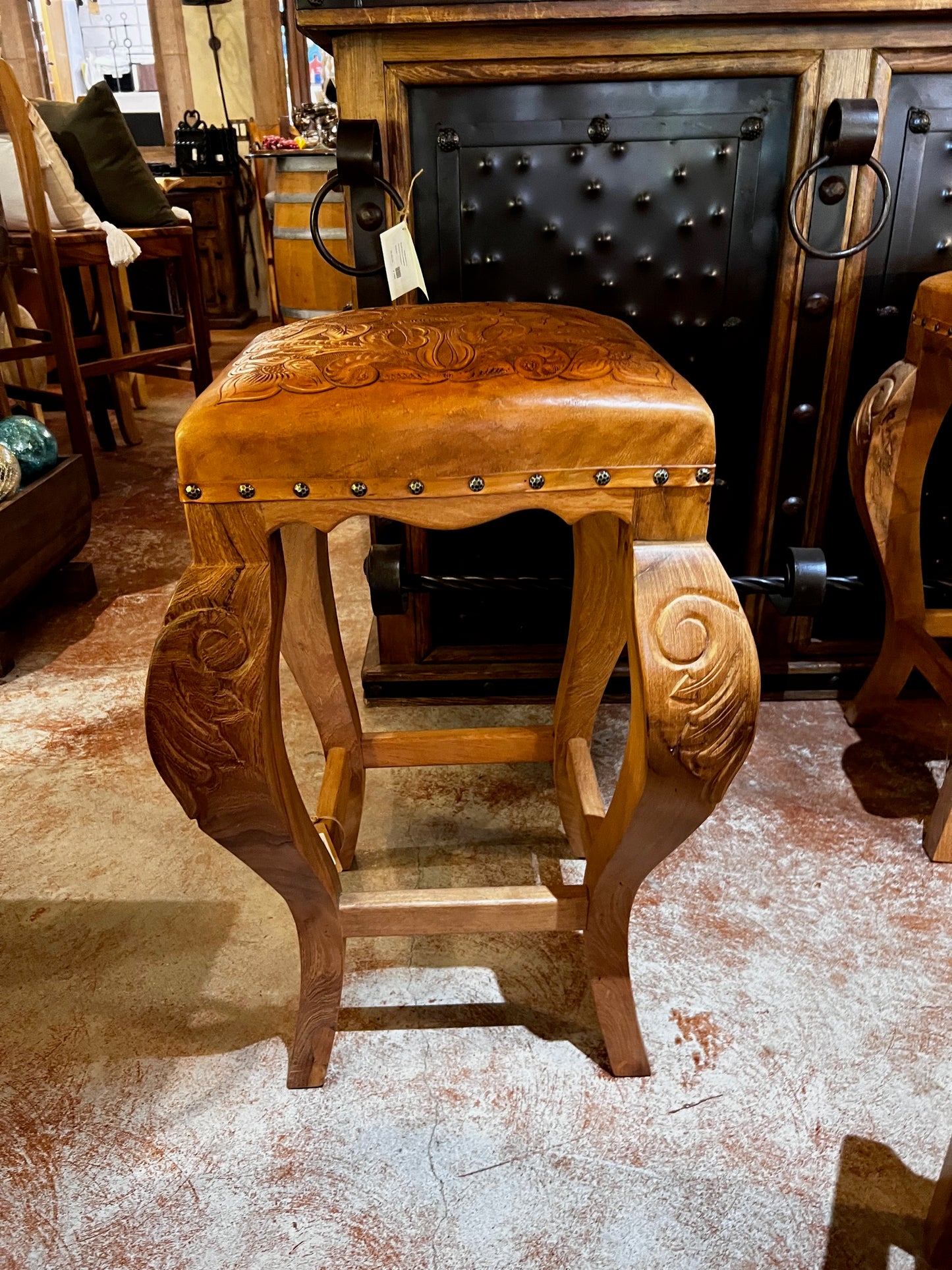 Mesquite Barstool with Tooled Leather Seat