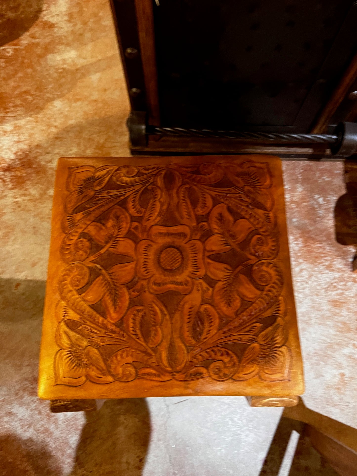 Mesquite Barstool with Tooled Leather Seat