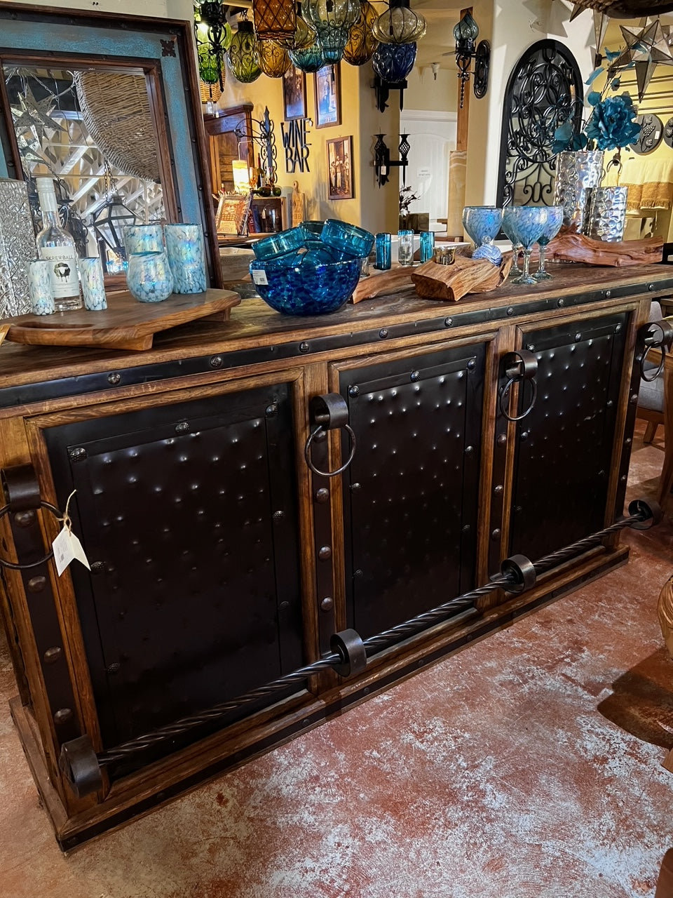 Pine Wood Bar with Iron Panels and Stone Top