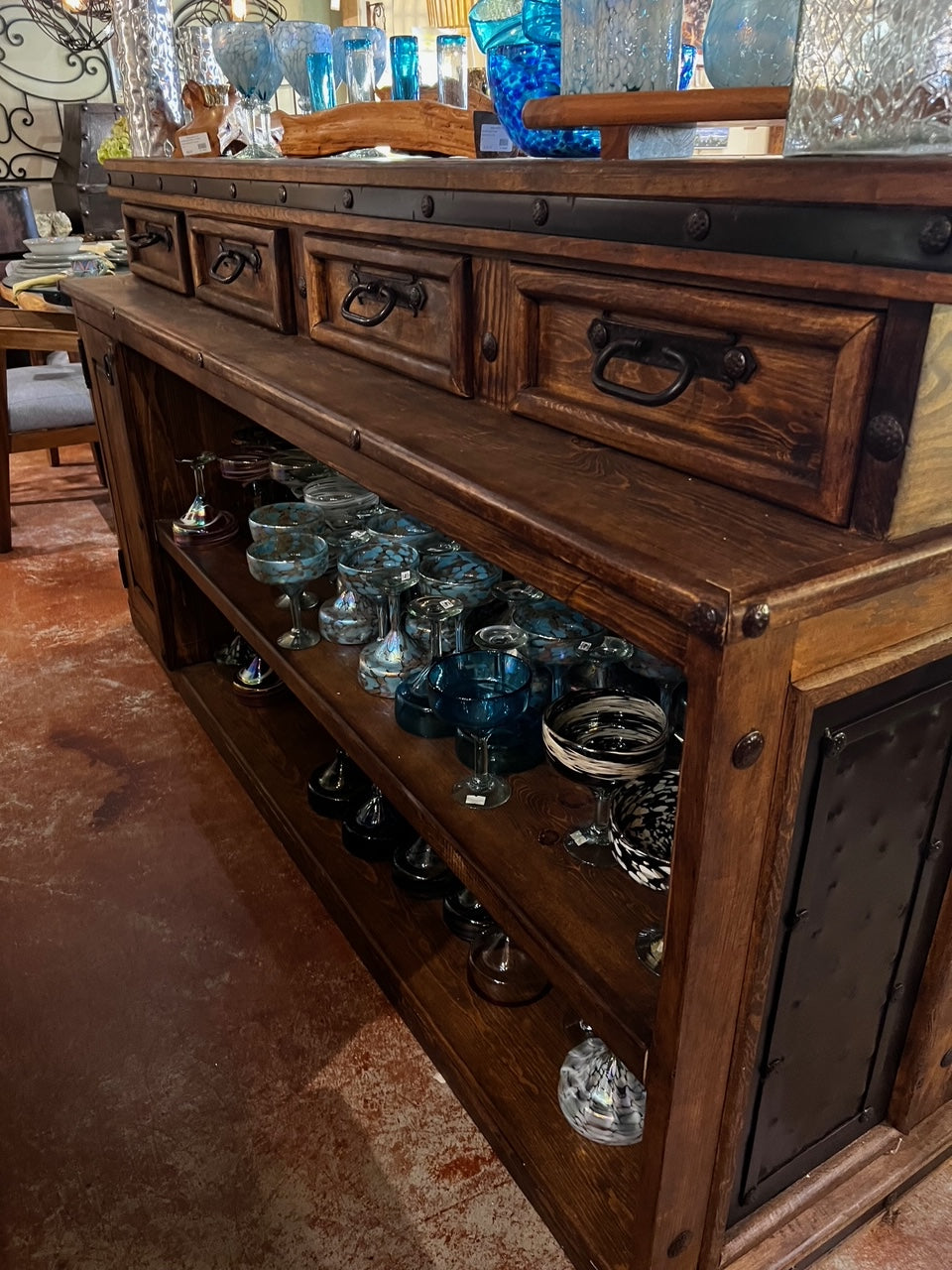 Pine Wood Bar with Iron Panels and Stone Top