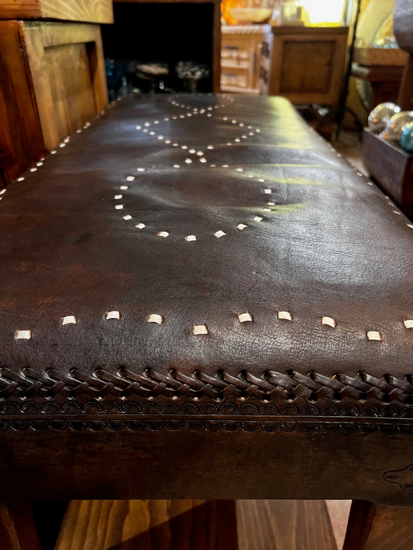 Stained Pine Bench with Decorative Leather Cover