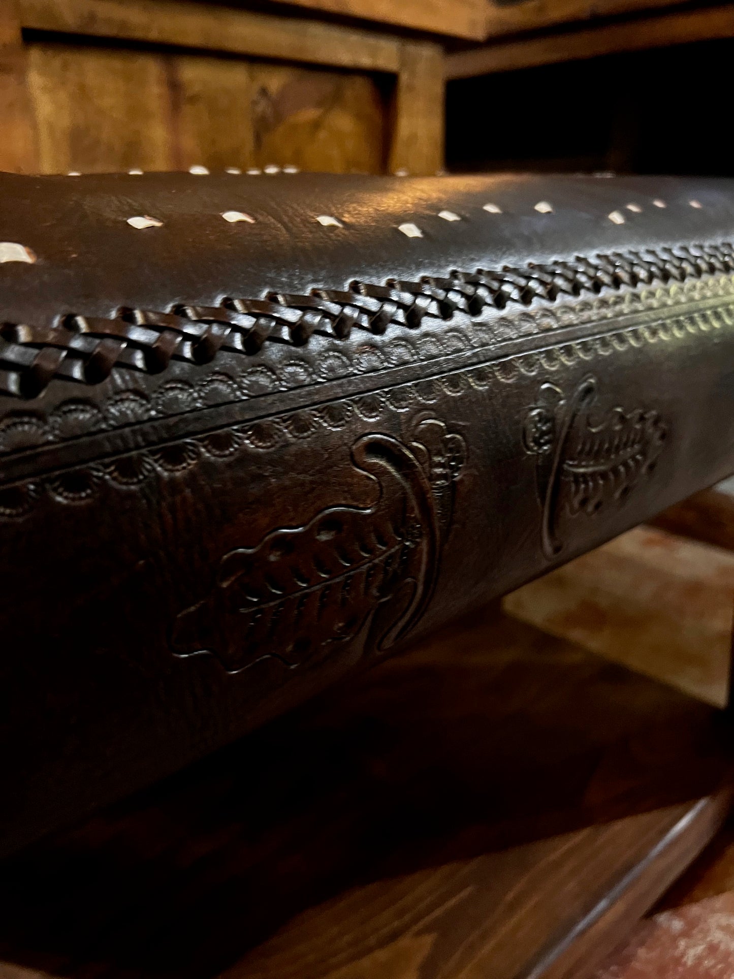 Stained Pine Bench with Decorative Leather Cover