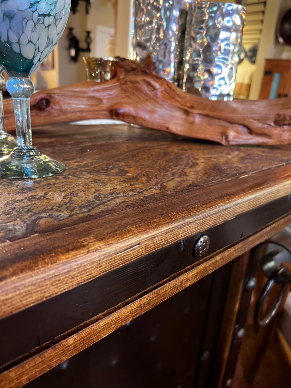 Pine Wood Bar with Iron Panels and Stone Top