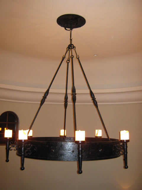 Hand Hammered Torch Chandelier with Onyx Light Covers