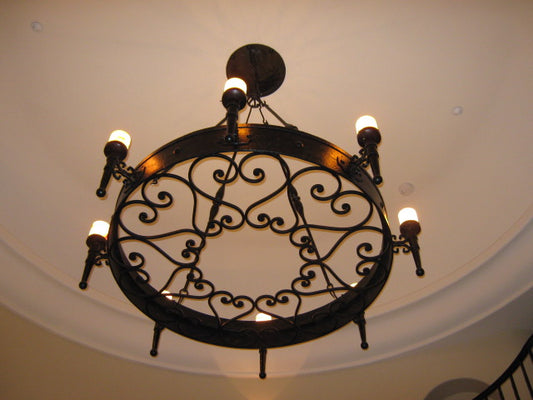 Hand Hammered Torch Chandelier with Onyx Light Covers