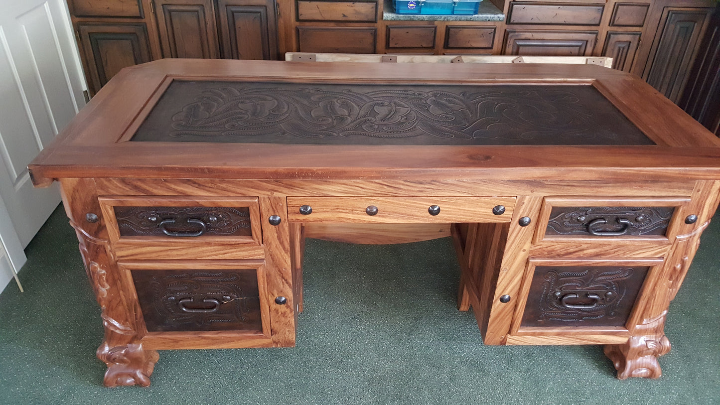 Parota Wood Desk with Leather Inlay Under Glass
