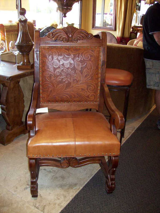 Mesquite Wood Dining chair with Arms and Tooled Leather Back