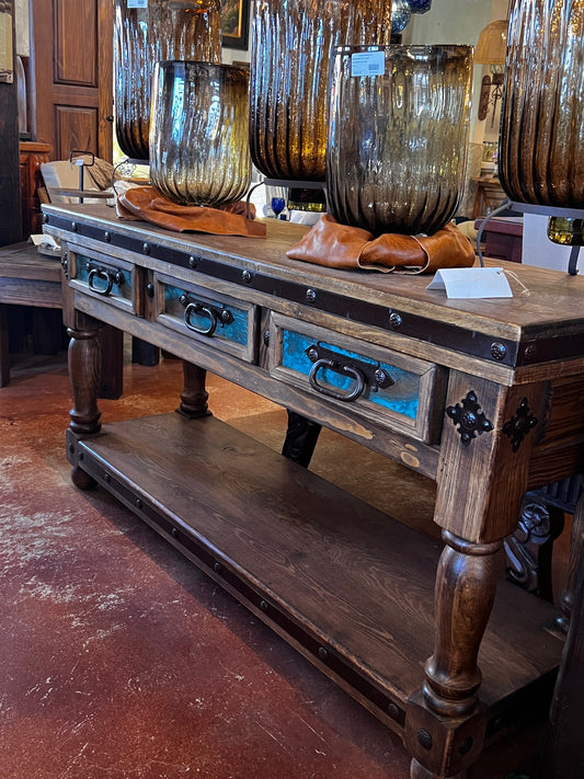 Stained Pine Console with Copper Accents